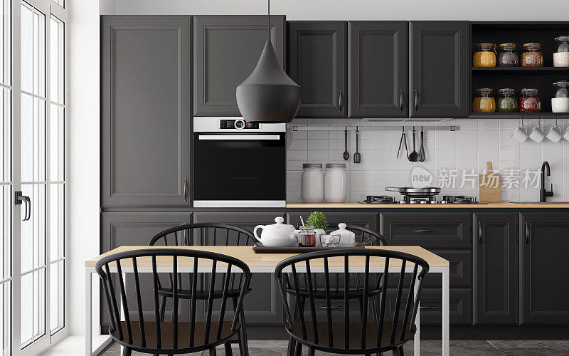 Modern Scandinavian kitchen and dining room with matte black traditional cabinet design